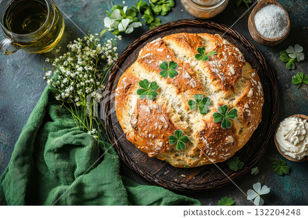 Freshly baked Irish soda bread adorned with clovers, perfect for St. Patrick Day celebrations Freshly baked Irish soda bread adorned with clovers, perfect for St. Patrick Day celebrations 132204248