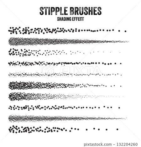 Ink scatter brush, stipple drawing and texturing. Fading gradient. Stippling, dotwork drawing, shading using dots. Halftone disintegration effect. White noise grainy texture. Vector illustration Ink scatter brush, stipple drawing and texturing. Fading gradient. Stippling, dotwork drawing, shading using dots. Halftone disintegration effect. White noise grainy texture. Vector illustration 132204260