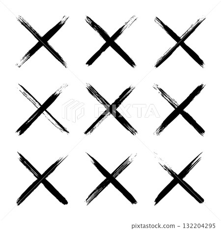 Grunge crosses, brush strokes, x mark, lines, ink smudges, hand-drawn scribble shapes. Handmade sketchy marks, acrylic stains, charcoal streaks. Paint textures, dry brush effect. Vector illustration 132204295