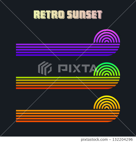 Vintage colorful sunset. Various gradient striped sunrise badges in 80s and 90s style. Sun and ocean view, summer vibes, surfing. Design element for print, logo or t-shirt. Vector illustration 132204296