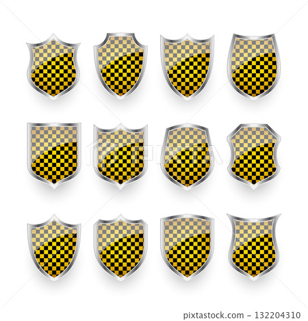 Glossy shields with yellow and black pattern. Security and protection concept. Cyber safety icons, internet privacy, web defense, digital data protection and antivirus themes. Vector illustration Glossy shields with yellow and black pattern. Security and protection concept. Cyber safety icons, internet privacy, web defense, digital data protection and antivirus themes. Vector illustration 132204310