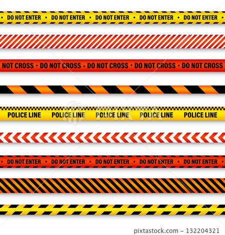 Barricade construction tape. Colorful police warning line, brightly colored danger or hazard stripe, ribbon. Restricted area, zone. Attention symbol. Vector illustration 132204321