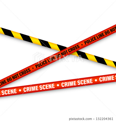 Barricade construction tape. Colorful police warning line, brightly colored danger or hazard stripe, ribbon. Restricted area, zone. Attention symbol. Vector illustration 132204361