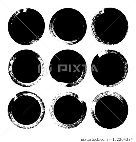 Grunge circles, brush strokes, lines, ink smudges, hand-drawn scribble shapes. Handmade sketchy marks, acrylic stains, charcoal streaks. Paint textures, dry brush effect. Vector illustration 132204384