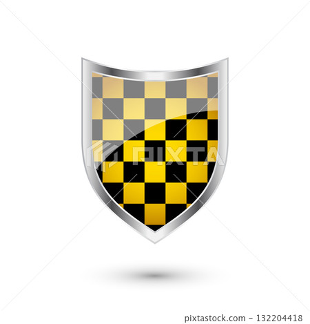 Glossy shield with yellow and black pattern. Security and protection concept. Cyber safety icons, internet privacy, web defense, digital data protection and antivirus themes. Vector illustration Glossy shield with yellow and black pattern. Security and protection concept. Cyber safety icons, internet privacy, web defense, digital data protection and antivirus themes. Vector illustration 132204418
