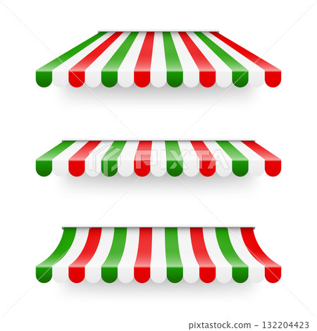 Shop sunshade. Realistic striped cafe awning. Outdoor market tent. Roof canopy in Italian flag colors. Summer street store. Vector illustration Shop sunshade. Realistic striped cafe awning. Outdoor market tent. Roof canopy in Italian flag colors. Summer street store. Vector illustration 132204423