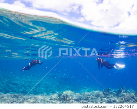Schools of blue-spotted damselfish, blue-spotted damselfish, and other fish. Beautiful coral reefs and schools of tropical fish. Amuro Island and Zamami Island 132204517