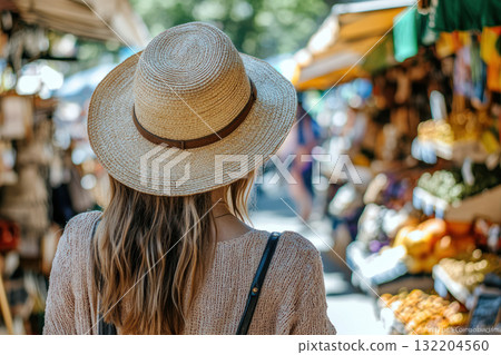 Woman wearing straw hat exploring vibrant outdoor marketplace, surrounded by colorful produce and lively atmosphere Woman wearing straw hat exploring vibrant outdoor marketplace, surrounded by colorful produce and lively atmosphere 132204560