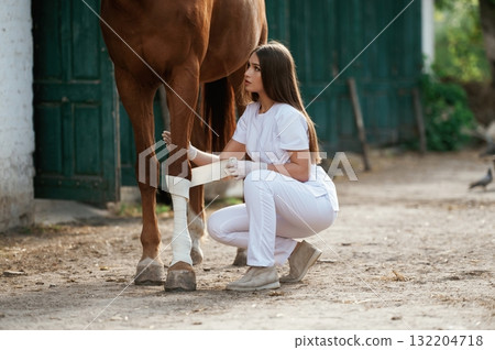 Rewinds the wounded leg. Female vet is with horse outdoors at the farm at daytime 132204718