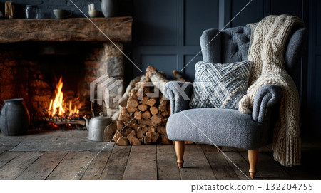 Cozy cottagecore living room with warm fireplace soft armchair and knitted blanket creating peaceful and inviting atmosphere for relaxation Cozy cottagecore living room with warm fireplace soft armchair and knitted blanket creating peaceful and inviting atmosphere for relaxation 132204755