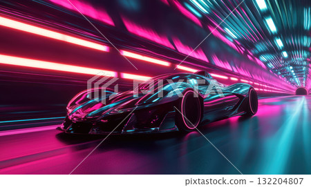 futuristic car racing through neon lit tunnel, showcasing bold innovation and sleek design 132204807