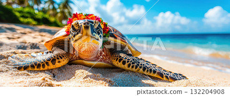 cheerful turtle in Hawaiian summer suit basking on sandy beach, enjoying sun and ocean breeze 132204908