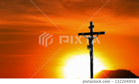 Holy concept : Silhouette cross on mountain sunset background, Christianity background Holy concept : Silhouette cross on mountain sunset background, Christianity background 132204958