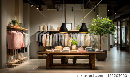Trendy boutique interior with hanging clothes, soft lighting, and wooden table displaying folded apparel, complemented by green plants for fresh 132205030