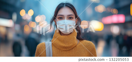 Calm individual in face mask, simple clothing, standing in city 132205053