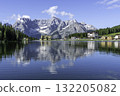 Lake Misurina in Dolomites, Dolomiti mountain, Italian Alps, Belluno, Italy. Alpine lake with reflection in morning time. Summer vacation destination 132205082