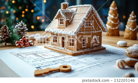 Gingerbread house on architectural plan with festive decorations creating warm day scene full of holiday joy and cozy charm 132205146