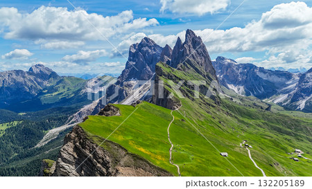 Wonderful landscape of the Dolomites Alps in summer. Odle mountain range, Seceda peak in Dolomites, Italy. Artistic picture. Beauty world. Wonderful landscape of the Dolomites Alps in summer. Odle mountain range, Seceda peak in Dolomites, Italy. Artistic picture. Beauty world. 132205189