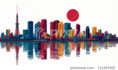 Tokyo Skyline and Hinomaru Symbol: Colorful Vector Illustration [Transparent PNG & JPG Set] 132205305