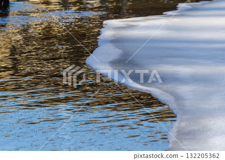 Ice melting on a tranquil river during a bright sunny day showcasing nature's transition from winter to spring by the water's edge Ice melting on a tranquil river during a bright sunny day showcasing nature's transition from winter to spring by the water's edge 132205362
