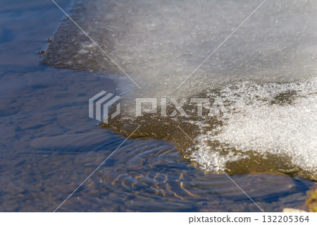 Melting ice on a calm river surface during the transition from winter to spring in a natural landscape Melting ice on a calm river surface during the transition from winter to spring in a natural landscape 132205364