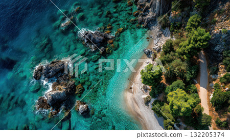 Tropical beach with clear turquoise water and rocky coastline surrounded by lush green trees perfect for nature and travel lovers 132205374