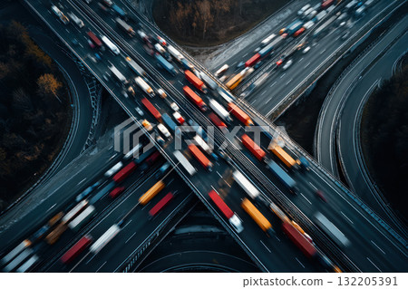 Busy truck fleet moves along complex highway route showing fast transport and logistics in urban setting with multiple lanes and overpasses 132205391