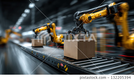Automated robotic arms handle packages on conveyor belt in warehouse showcasing advanced logistic automation and robotics technology Automated robotic arms handle packages on conveyor belt in warehouse showcasing advanced logistic automation and robotics technology 132205394