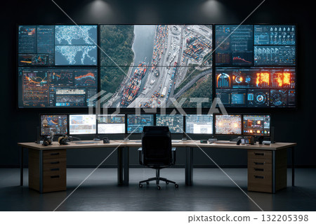 Supply chain management and inventory tracking are monitored this control room with multiple screens showing data and maps for efficient logistics 132205398