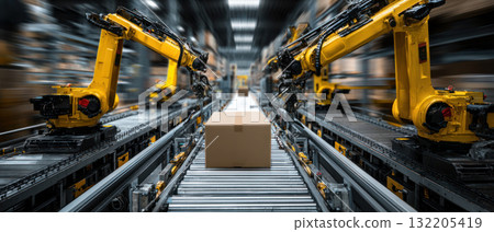 Logistic warehouse with automation and robotics working together to efficiently move and handle packages in modern facility 132205419