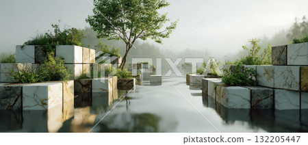 Nature driven sustainable business innovation puzzle with green plants and marble blocks in calm water creating peaceful scene Nature driven sustainable business innovation puzzle with green plants and marble blocks in calm water creating peaceful scene 132205447