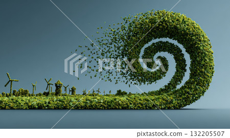 Green renewable energy growth through innovation is symbolized by spiral of green leaves and wind turbines in clean environment 132205507