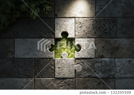 Nature driven puzzle piece reveals green grass beneath stone tiles symbolizing sustainable innovation key to business future Nature driven puzzle piece reveals green grass beneath stone tiles symbolizing sustainable innovation key to business future 132205509