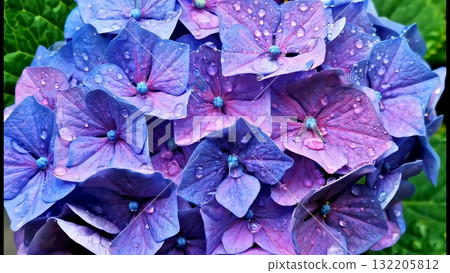 A beautiful hydrangea with a gradation of blue and purple, wet with raindrops A beautiful hydrangea with a gradation of blue and purple, wet with raindrops 132205812