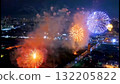 The contrast between aerial fireworks and city lights The contrast between aerial fireworks and city lights 132205822