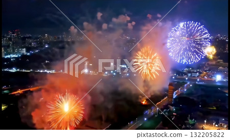 The contrast between aerial fireworks and city lights The contrast between aerial fireworks and city lights 132205822