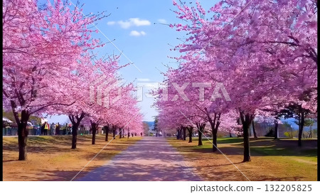 The beautiful scenery of rows of cherry blossom trees and gentle sunlight symbolize spring in Japan 132205825