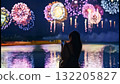Fireworks reflected on the water surface and a woman taking a photo with her smartphone Fireworks reflected on the water surface and a woman taking a photo with her smartphone 132205827