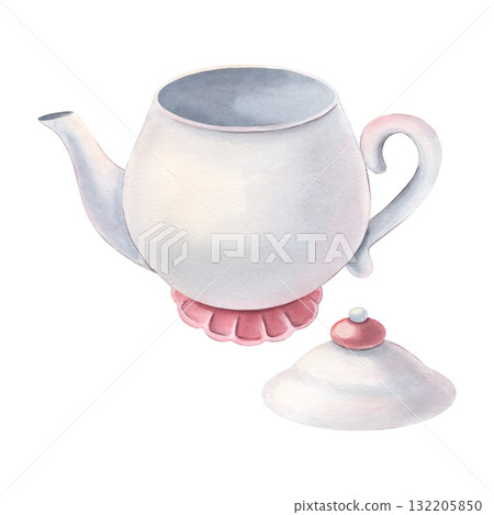 White ceramic teapot with lid and pink details. Hand-painted watercolor illustration isolated on white. Perfect for kitchen prints, packaging, menus, tea branding, cards, textile, home decor design White ceramic teapot with lid and pink details. Hand-painted watercolor illustration isolated on white. Perfect for kitchen prints, packaging, menus, tea branding, cards, textile, home decor design 132205850