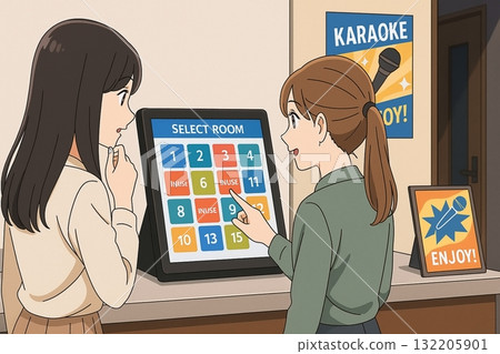 正在選擇房間的女性顧客。動漫風格的插圖,描繪了使用觸控螢幕的卡拉 OK 接待台。 正在選擇房間的女性顧客。動漫風格的插圖,描繪了使用觸控螢幕的卡拉 OK 接待台。 132205901
