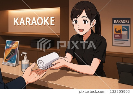 微笑的女工作人員遞上濕毛巾——卡拉 OK 酒吧禮貌的客戶服務 微笑的女工作人員遞上濕毛巾——卡拉 OK 酒吧禮貌的客戶服務 132205903