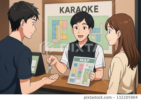 男工作人員遞上鑰匙和地圖。動漫風格的卡拉OK包廂指南插圖。 男工作人員遞上鑰匙和地圖。動漫風格的卡拉OK包廂指南插圖。 132205904