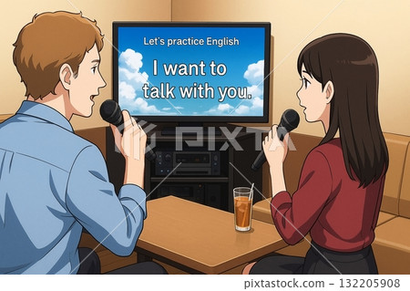 一名女子在英語卡拉 OK 上與外國人一起唱歌 一名女子在英語卡拉 OK 上與外國人一起唱歌 132205908