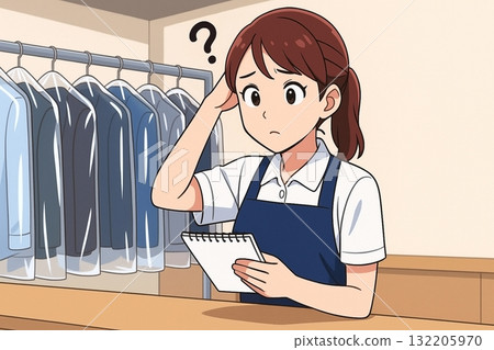 A cleaning clerk with a troubled expression 132205970