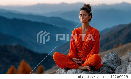 Woman meditating in a calm nature environment, finding inner peace and spiritual balance, practicing yoga and mindfulness on a mountain peak during sunset, connecting with spirituality 132206009