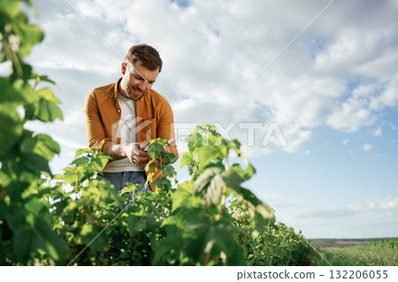 Positive emotion, looking at bush. Handsome man is on the agricultural field at daytime Positive emotion, looking at bush. Handsome man is on the agricultural field at daytime 132206055