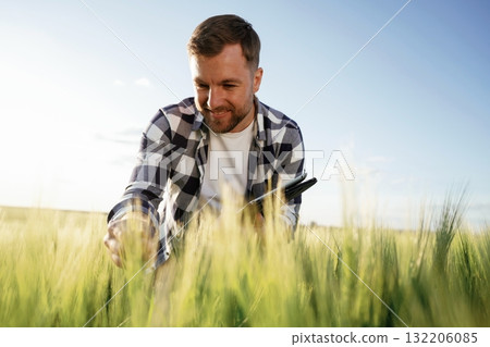 Checking the growth of wheat, with tablet. Handsome man is on the agricultural field at daytime 132206085