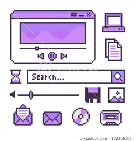 Purple Pixel Art Vaporwave Icons Retro Y2K Computer Elements for Digital Design Purple Pixel Art Vaporwave Icons Retro Y2K Computer Elements for Digital Design 132206105