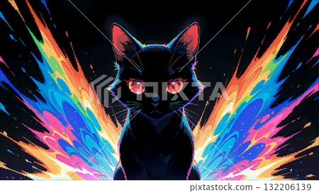 An abstract, colorful, and dark pixelated cat illustration 132206139