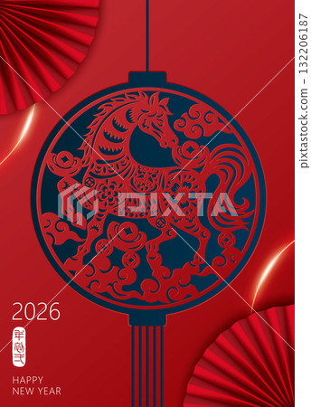 Chinese Lunar New Year 3D origami style folding fan and Year of the Horse paper-cut New Year vertical marketing advertising poster flyer background vector material picture Chinese Lunar New Year 3D origami style folding fan and Year of the Horse paper-cut New Year vertical marketing advertising poster flyer background vector material picture 132206187